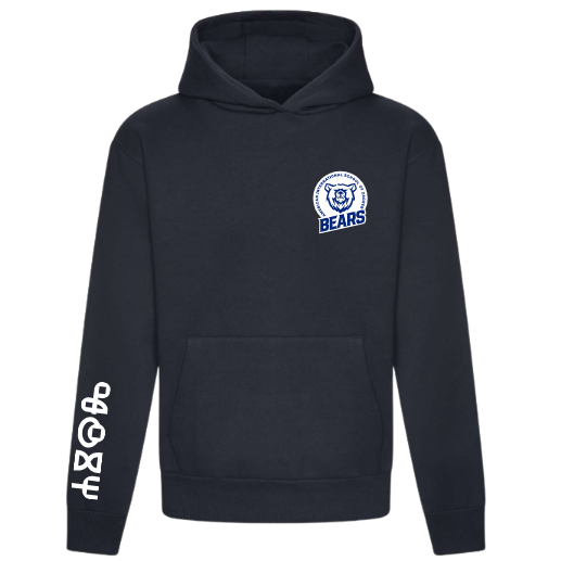 Navy hoodie with a logo
